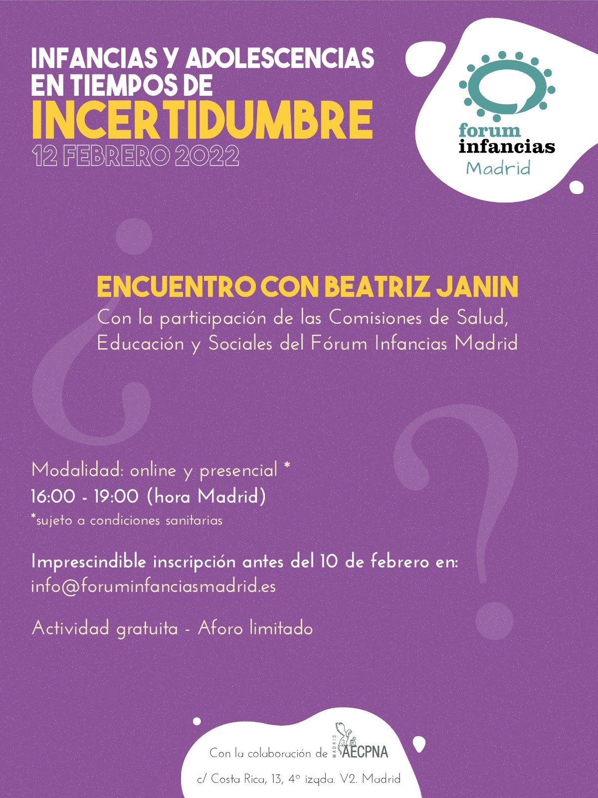 II Jornada de Fórum Infancias Madrid:  «Infancias y adolescencias en tiempos de incertidumbre». Sede de ACEPNA.